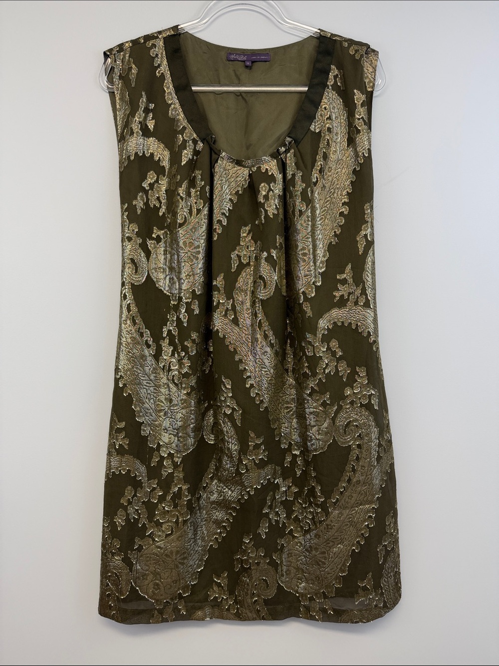 Hale Bob Olive Green Paisley Metallic Silk Sleeveless Shift Dress S